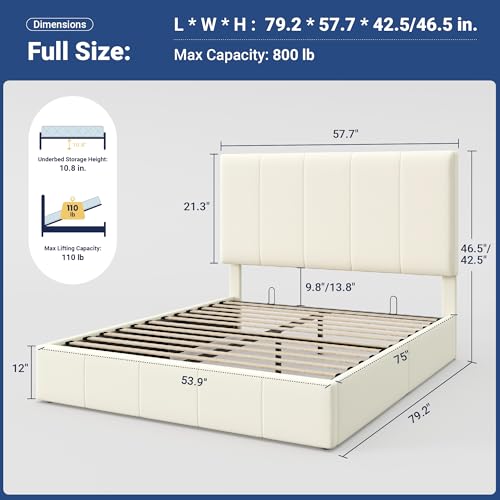Image of Allewie Full Size Velvet Lift Up Hydrualic Storage Bed Frame, Cream