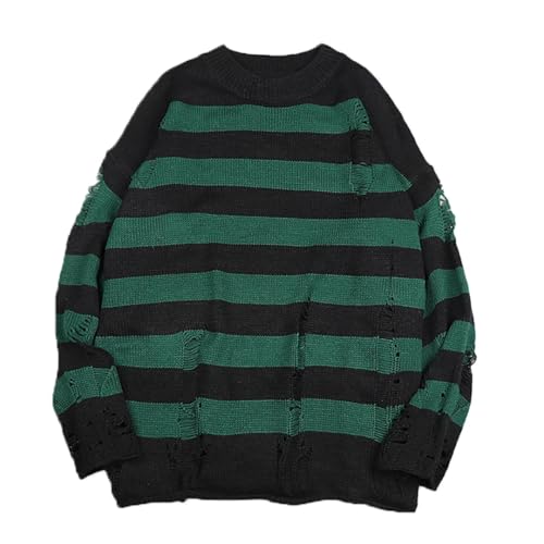 Men's O-Neck Striped Sweater Pullover Ripped Knitted Sweater Top3