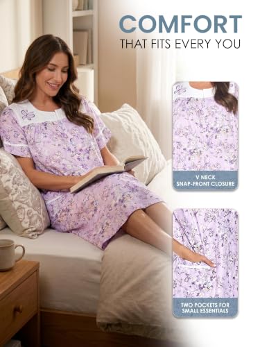 Image of Casual Nights Women's Snap - Front House Dress Short Sleeve Woven Housecoat Duster Lounger Robe with Pockets