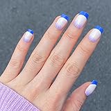 NOVO OVO Short Square Milky White Klein Blue French Tip with Purple Sparkle Ombre Thick False Fake Press on Nails LAVENDER UNDER SKY Glossy Stick on Acrylic Kit with Glue for Valentine's Day Spring