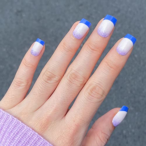 NOVO OVO Short Square Milky White Klein Blue French Tip with Purple Sparkle Ombre Thick False Fake Press on Nails LAVENDER UNDER SKY Glossy Stick on Acrylic Kit with Glue for Valentine's Day Spring