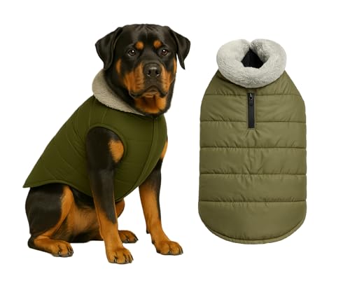 Image of The Pets Company Dog Winter Coat Jacket, Windproof, Waterproof, Light Weight, Washable, Ultra Warm Thick Fleece Lined Dog Vest for Cold Weather Protection, (Military Green, X-Large - 28 Inch)