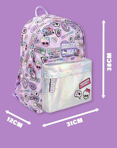 Monster High Girls Backpack | Pink & Silver Rucksack with Adjustable Straps | Reflective Pocket & Badge All Over Print Practical & Organised Luggage Sports School Bag | Doll TV Series Merchandise Gift
