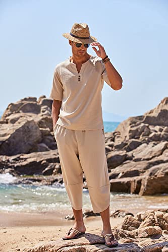 Coofandy Men's 2 Pieces Linen Set Henley Shirt Short Sleeve And Harem Capri Pants Wide Leg Baggy Beach Yoga Trousers Outfits #TOP1