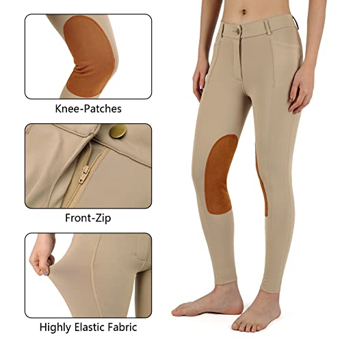 Beroy Kids Horse Riding Knee-Patches Pants Girls Equestrian Front-Zip Breeches Legging With Pockets(Khaki,M) #TOP4