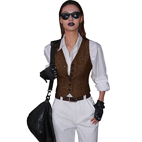 Women's Suit Vest Herringbone Business Work Wear Slim Fit Sleeveless V-Neck Vests Bomber Jacket Waistcoat