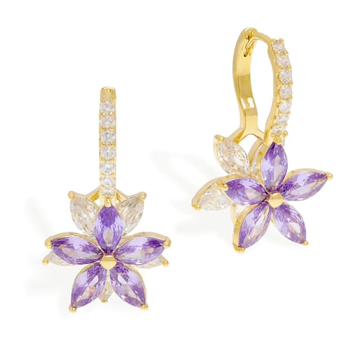 Sonateomber Gold Purple Flower Hoop Huggie Earrings for Women, Dainty 14k Gold Plated Crystal CZ Floral Dangle Earing Everyday Prom Fashion Jewelry Gift