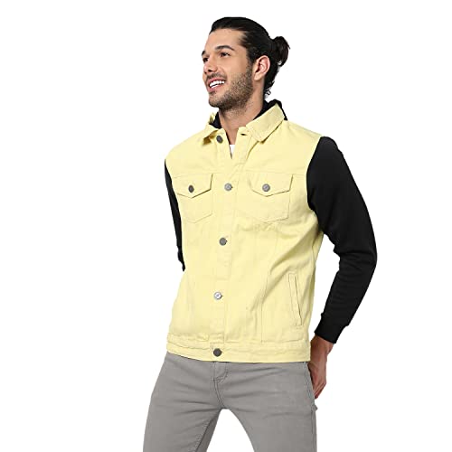 Image of Campus Sutra Men's Light-Washed Yellow & Black Regular Fit Denim Jacket For Winter Wear | Hooded Collar | Full Sleeve | Buttoned | Casual Denim Jacket For Man | Western Stylish Denim Jacket For Men