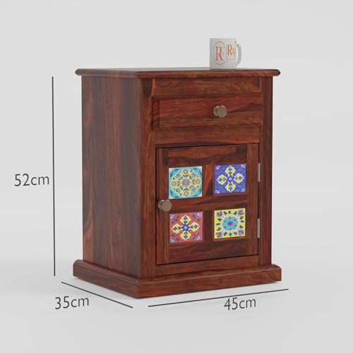 Image of Sheesham Wood Multipurpose Nightstand Small Side Table for Small Spaces End Table Bedside Tables with 2 Drawer & Shelf Storage for Living Room Bedroom (Design 3)
