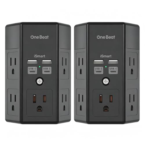 One Beat Surge Protector Wall Outlet Extender, 2 Pack 5 Outlets & 4 USB Ports (2 USB-C), 1680J, 3-Sided Multi Plug Outlet Adapter, Outlet Splitter, Wall Mount, ETL Listed for Home Office Travel-Black