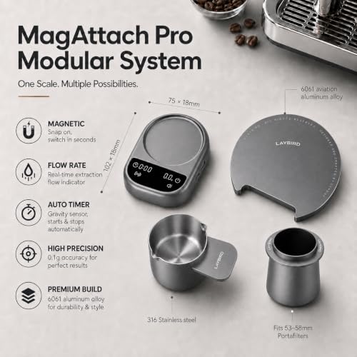 Image of LAYBIRD MagAttach 3-in-1 Coffee Scale with Timer - Precision Espresso & Pour Over Scale with Flow Rate and Brew Ratio Display, Includes Magnetic Dosing Cup and Extension Platform Brewing Accessories