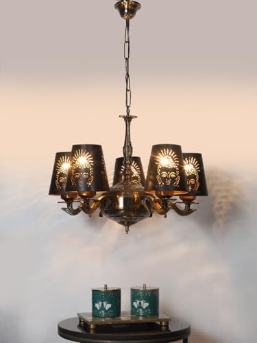 Image of Devansh 05 Lights Budha JI Metal Etched Shade with Antique Golden Chandelier -ZE