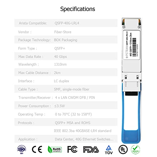 Image of 40G QSFP+ LR4L for Arista QSFP-40G-LRL4 40GBASE-LRL4 QSFP+ Optical Transceiver Module SMF 1310nm (CWDM4) 2km LC DOM