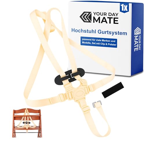Hochstuhl 5-Punkt Gurtsystem, 1 Set, kompatibel mit Hauck, Stokke Tripp Trapp, Roba, uvm., in Beige, Gurt mit Brustclip, verstellbarer Kinderhochstuhl Sicherheitsgurt, Hochstuhlgurt 5 Punkte System