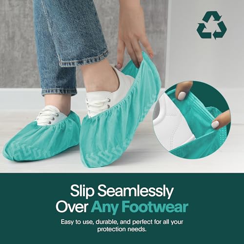 Image of Premium Boot & Shoe Covers Disposable Booties - 100 Pack - Durable, Non-Slip, Non-Toxic, Water Resistant, Recyclable Protectors for Indoor & Outdoor - Large Size Fits Most Shoes