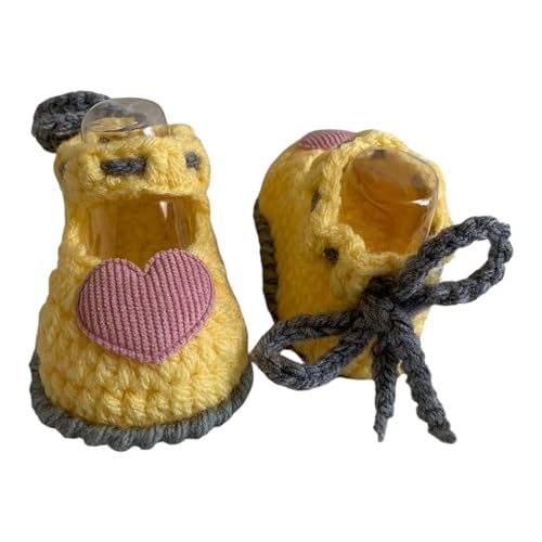 Handmade Baby Girl Crochet Mary Jane Shoes, Yellow Cotton with Pink Hearts, Perfect for Newborn Photography2