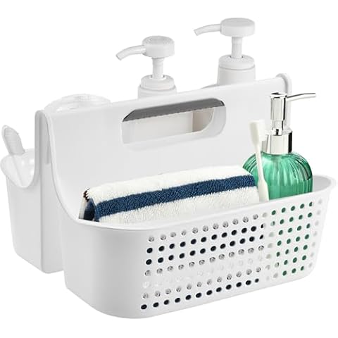 Haundry Portable Shower Caddy Basket, Divided Plastic Cleaning Caddy Organizer, Large Storage Tote with Handle for Bathroom, College, Dorm Room Essentials (White) Cover