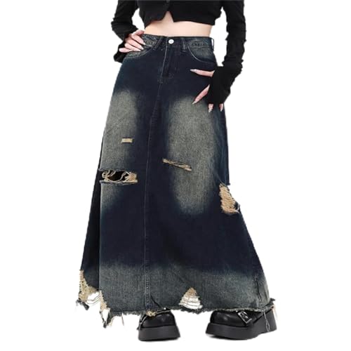 HHNNL Jupe en Jean Trou Hautes Et Jupes Midi pour Femmes Streetwear De Mode Jupe en Denim en Vrac Vintage Vintage Une Ligne Jupe-Bleu-S