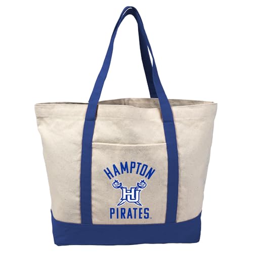 Hampton University Pirates Arched Canvas Tote Bag With External Pocket, Reusable Shoulder Bag for Shopping, Beach, Royal
