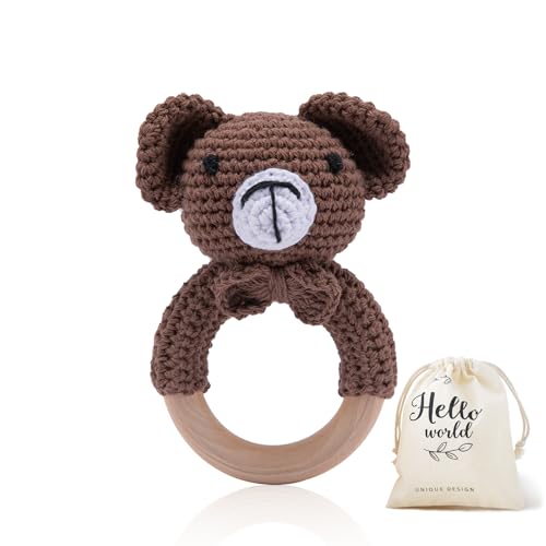 Image of WOODEN TEETHER Crochet Baby Rattle, Crochet Baby Toys, Organic Wooden Newborn Toys, Newborn Animal Rattle Toys,Knitted Stuffed Animals Gifts for Baby, Brown Bear