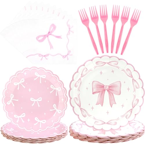CANREVEL 96 PCS Bow Party Plates Serve 24 Bow Plates and Napkins Forks Set Disposable Tableware for Birthday Supplies Party Decorations for Grils Kids Women