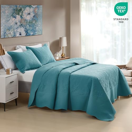 Image of CHIXIN Bedspread Coverlet Quilt Set Full Size - Lightweight Bedding Cover - Ultrasonic Quilting - 5 Piece Reversible Bedspread - Vintage Rose Pattern (Full, Lagoon)