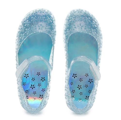 Image of Princess Dress Sandals Jelly Shoes for Toddler Girls Size 8, Blue Bird Nest Layered Lines Mary Jane Flats Childrens Clear Glitter with Hollow-Carved