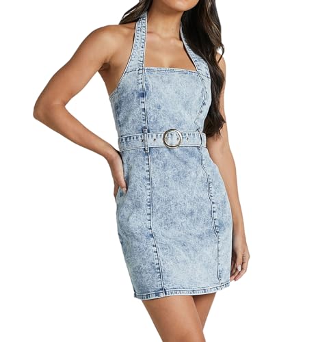TACSTRUN Sexy trägerloses Neckholder-Jeanskleid mit figurbetontem Schnitt für Damen, lässiges Jeanskleid im Used-Look, Midi-Jeanskleid,Light...