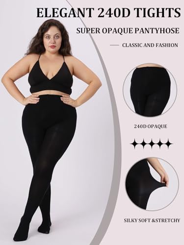 MERYLURE 240D Plus Size Tights for Women Opaque Control Top Pantyhose Ultra Soft High Waist Solid Color Footed Stockings3