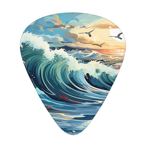 12-Piece Wave Sailboat Seagull Patterned Guitar Pick Set - Available in 3 Thicknesses, Suitable for Acoustic and Electric Guitars