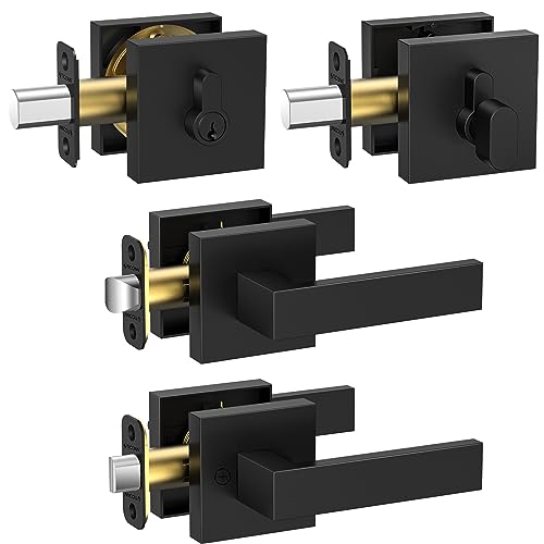TICONN Matte Black Door Handle Heavy Duty, Reversible Square Door Lever for Bedroom, Bathroom, Rooms (Deadbolt with Passage Lever, 2 Pack)