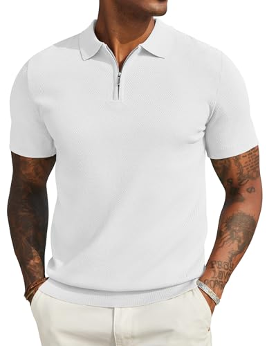 COOFANDY Polo Shirts for Men Adult UK Zipper Knit Golf Mens Polo Shirts Short Sleeve Casual Men's Polo Shirt Stretch Golf Tops White 3XL