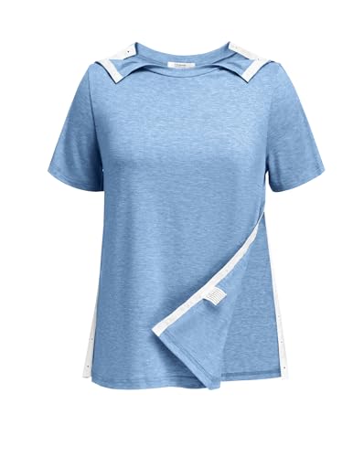 Deyeek Women Post Shoulder Surgery Shirts Full Side Snap-Open Rotator Cuff Clothing After Surgery Short Sleeve Recovery Tear Away Port Accessible Clothing for Chemo Light Blue L