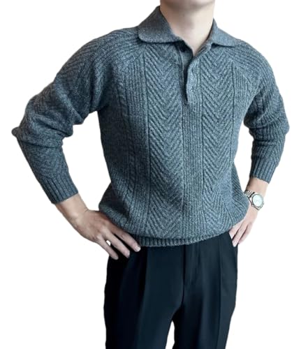 Men’S Classic Solid Color Stripes Casual Long Sleeve Collared Knitted Turn-Down Collar Slim Fit Base Layer Top