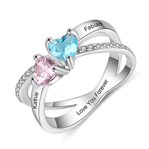 Lam Hub Fong Personalized 2 Simulated Birthstone Mothers Rings Engraving Name Couples Promise Rings for Her Criss Cross X Ring for Women (6)