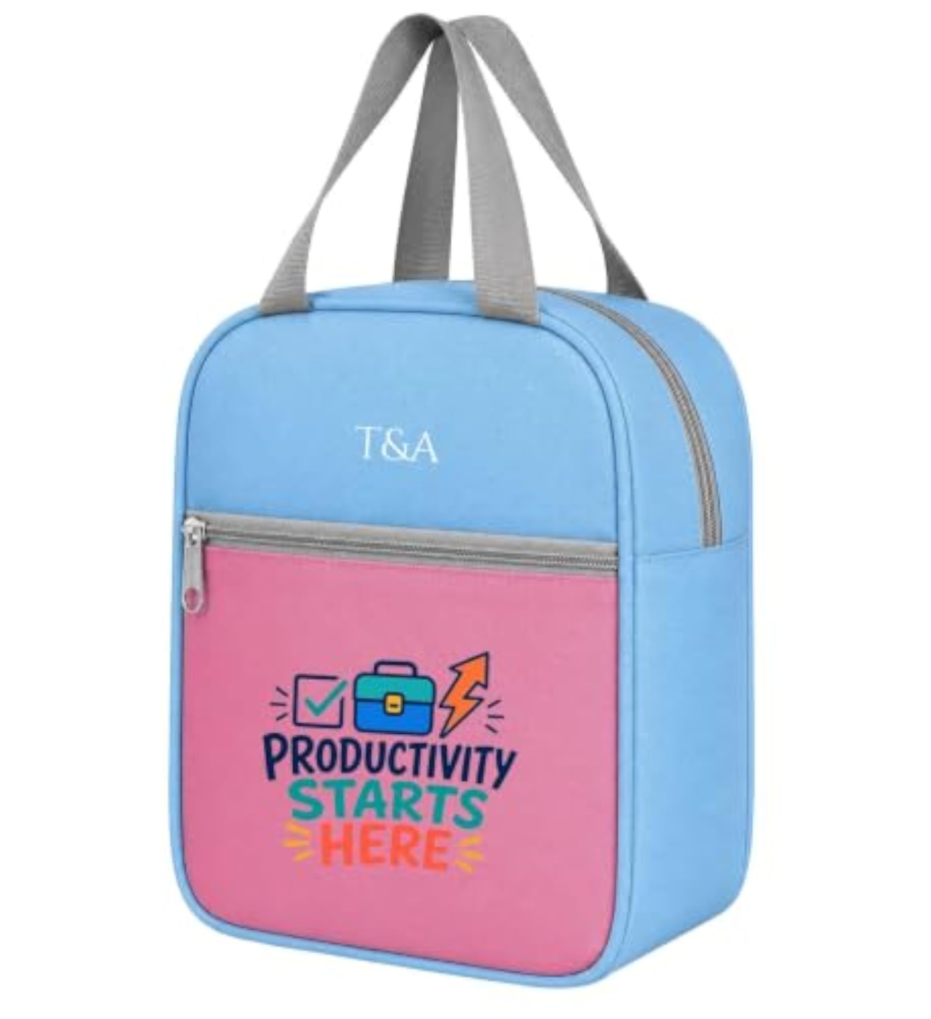 Unique Reusable Lunch Bag with Front Pocket and Zipper Closure