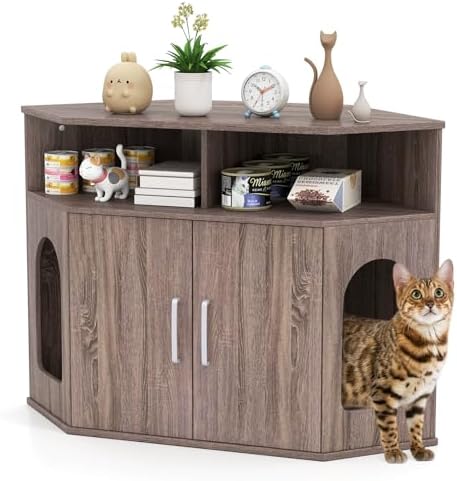 PETSITE Corner Cat Litter Box Enclosure, Modern Hidden Litter Box...