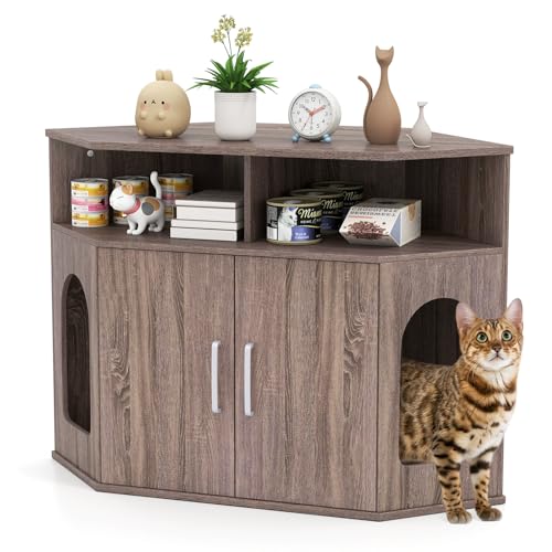 PETSITE Corner Cat Litter Box Enclosure, Modern Hidden Litter Box...