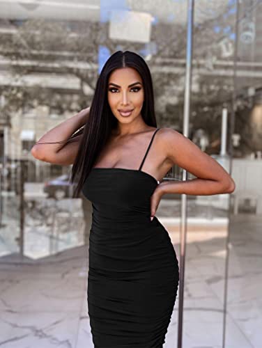 Beagimeg Women'S Sexy Bodycon Sleeveless Spaghetti Strap Ruched Club Party Cocktail Midi Dress Black thumb #2