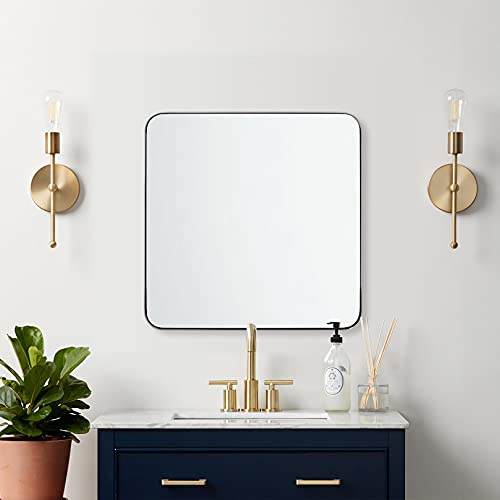 Andy Star Square Brushed Nickel Mirror For Bathroom, 24”X24” Silver Metal Frame Wall Mirror, Rounded Corner Stainless Steel Mirror Hangs Horizontal Or Vertical #TOP18