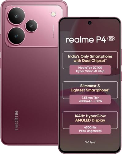 Image of realme P4 5G (Forge Red, 8GB RAM, 128GB Storage) | MediaTek Dimensity 7400 Octa-Core Processor | 50MP + 8MP AI Dual Camera | 16MP Front Camera | 6.77-inch FHD+ Flexible AMOLED 120Hz Display |