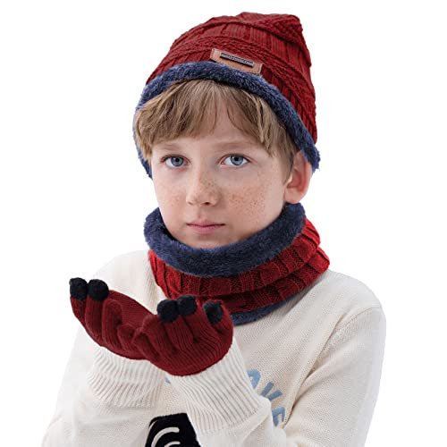 Conjunto de luvas de inverno infantil 3 peças gorro de malha cachecol polaina e tela sensível ao toq