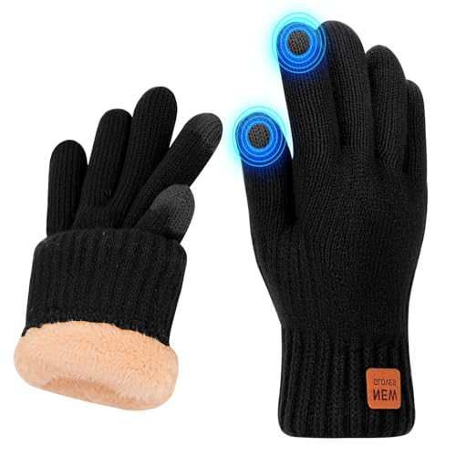 Risipu Winter Gloves for Women Men Ladies Thermal Touch Screen Gloves with Fleece Lining Soft Warm Knit Glove for Running Ski (Black)
