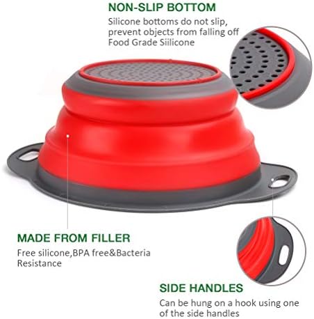 Collapsible Colander Set of 3 - Silicone Kitchen Strainers with Plastic Handles - 4 Quart & 2 Quart Sink Colander for Draining Pasta, Vegetables, Fruits (Green, Orange, Red)