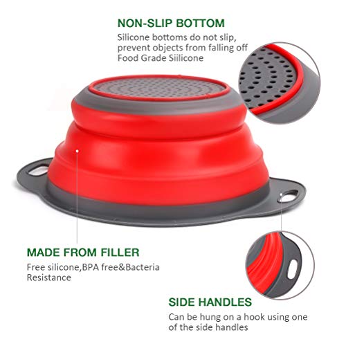 Collapsible Colander Set of 3 - Silicone Kitchen Strainers with Plastic Handles - 4 Quart & 2 Quart Sink Colander for Draining Pasta, Vegetables, Fruits (Green, Orange, Red) - Image 4