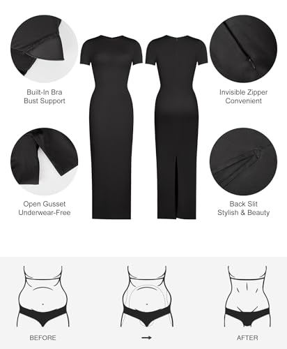 Image of Popilush Shaperwear Dress Built-in Bra Women's Casual Lounge Dress with Zipper Short Sleeve Mock Neck Bodycon Dresses