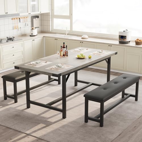 Extendable Dining Table Set with 2 Upholstered Benches, 63" Rectangular Kitchen Table & Bench Set for 4-6, Space Saving Small Dinette Set with Sturdy Metal Frame for Apartment, Retro Grey by PeakPursuit - Used condition - CA$147.19