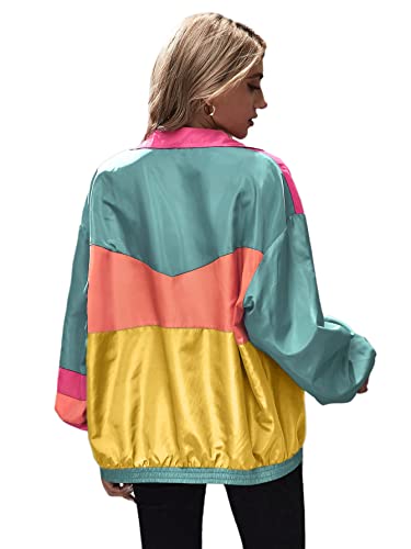 Sweatyrocks Women's Zip Up Color Block Lightweight Jacket Patchwork Sport Windbreaker Jacket Coat Outerwear Yellow S #TOP1