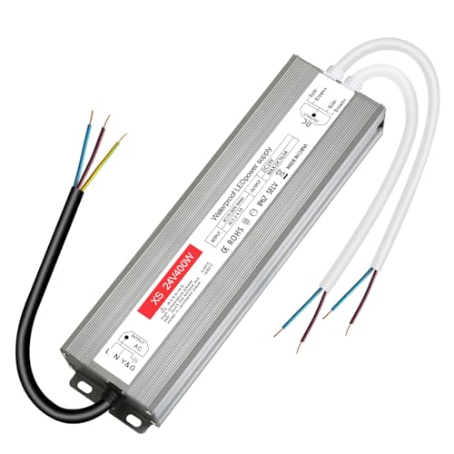 Transformador 220v a 24v, Transformador LED 24v 400w, IP67 Impermeable,Fuente Alimentacion 24V 16.6A Constante,Sin ruido/sin parpadeo de LED para bombillas y tiras LED MR16 GU5.3 MR11 G4, no regulable