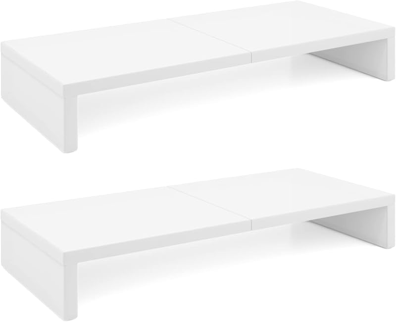 TEAMIX Paquete de 2 soportes elevadores para monitor blanco de 20 pulgadas, estante de soporte de escritorio de madera | Para 2 monitores, computadora portátil, impresora, TV, torre de PC, almacenamiento completo de teclado debajo, organizador de escritorio para tocador de juegos en la oficina en casa